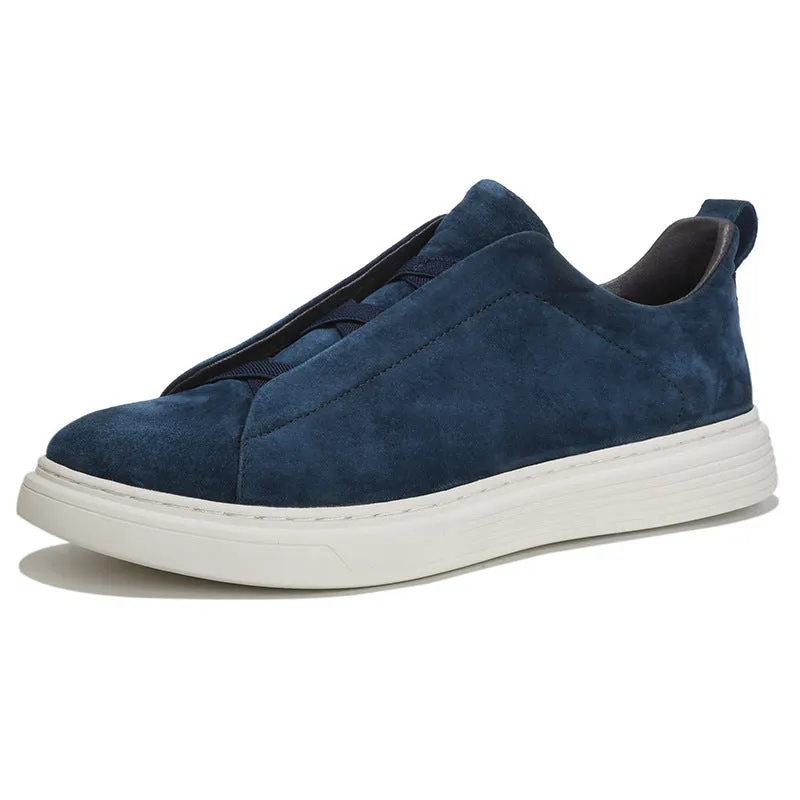 Men's elastic no-tie casual sneakers top pigskin leather upper rubber sole low top round toe solid colour flat heel shallow mouth size 37-46