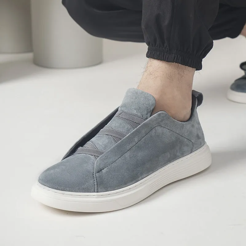 Men's elastic no-tie casual sneakers top pigskin leather upper rubber sole low top round toe solid colour flat heel shallow mouth size 37-46