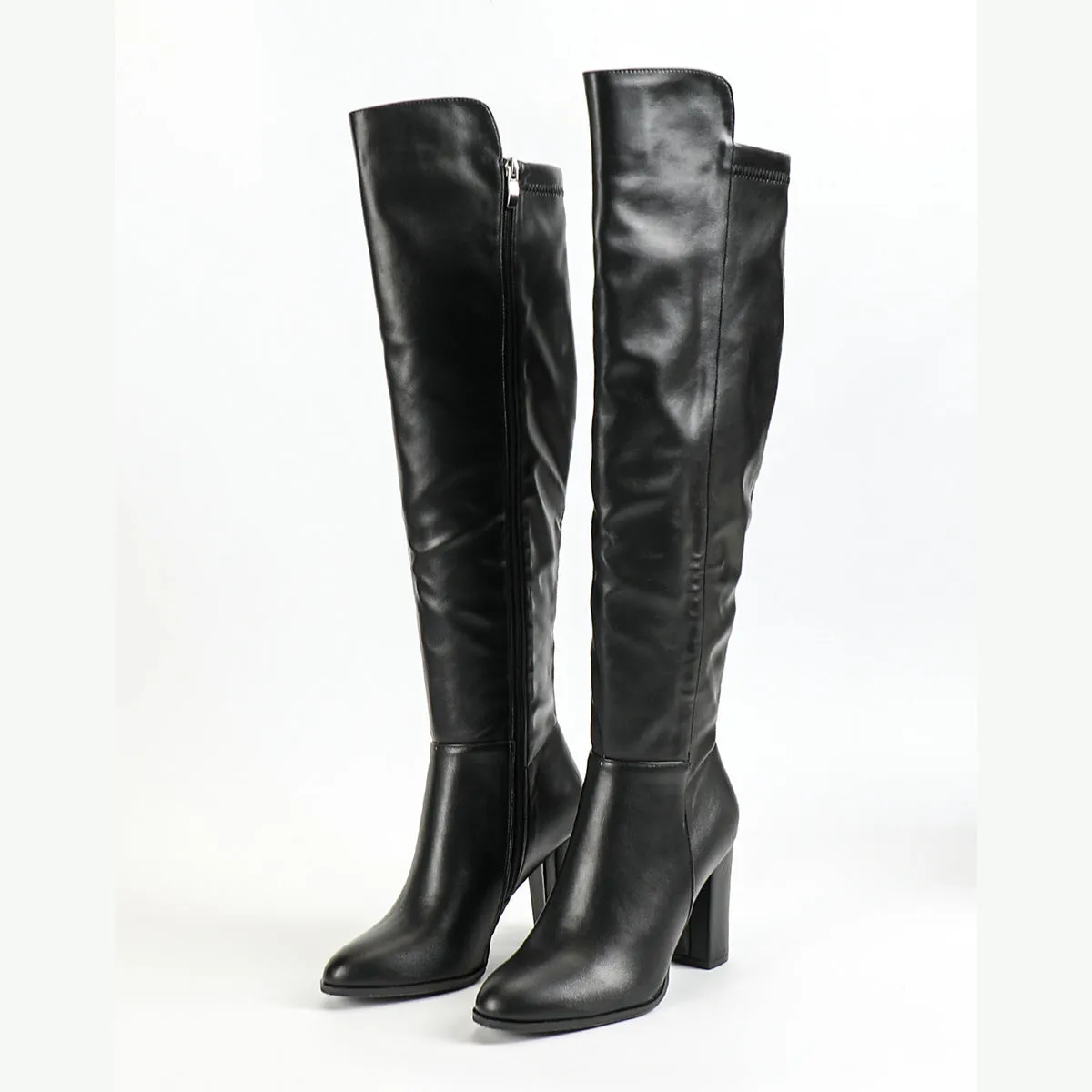 Women's black side zipper pointed toe chunky heel long boots with artificial PU upper, sizes 36-43