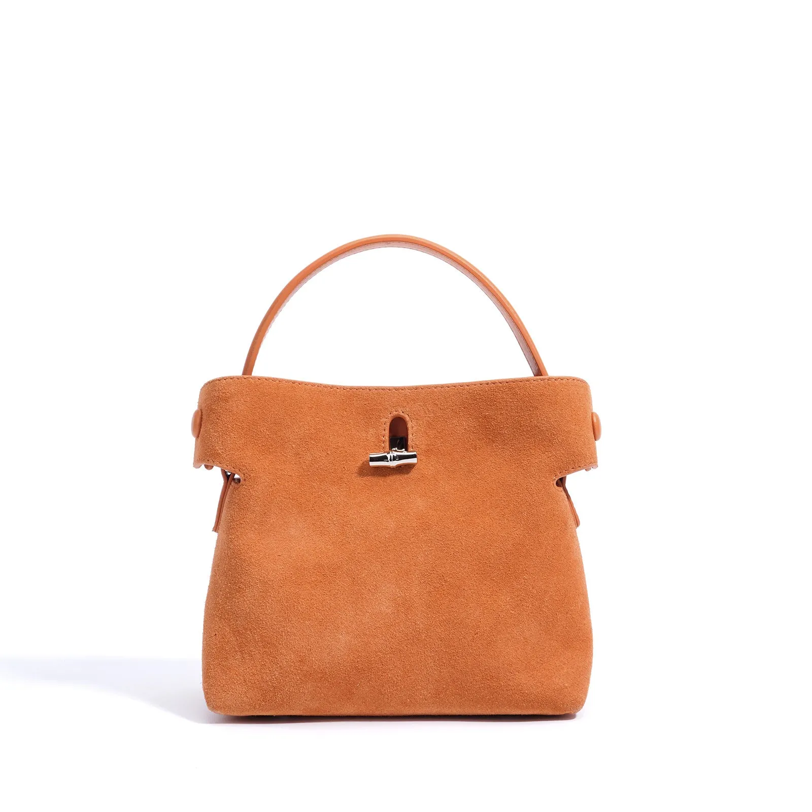 Women's mini Korean-style simple messenger bag in two-layer matte cowhide, bucket shape with lock opening, internal compartments