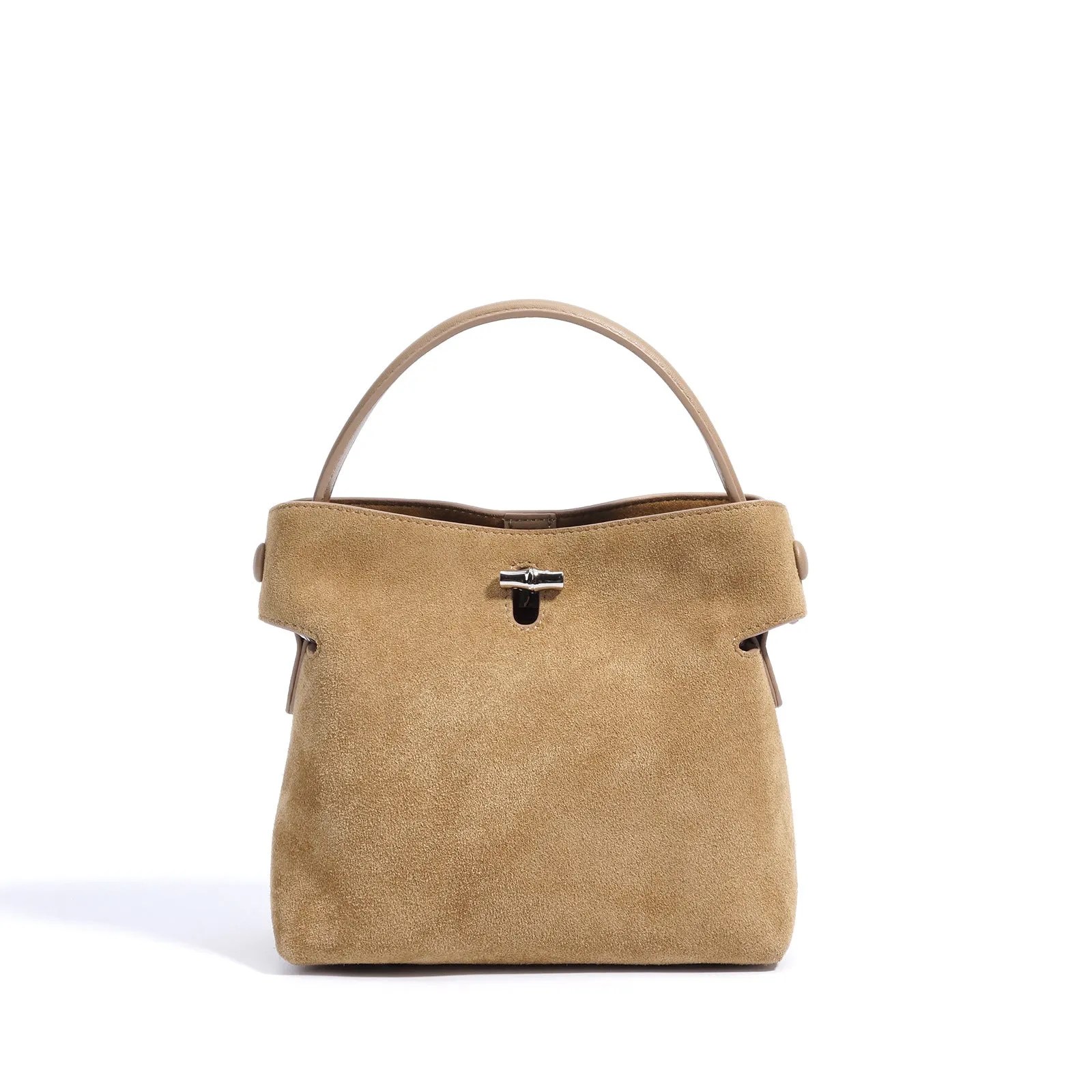 Women's mini Korean-style simple messenger bag in two-layer matte cowhide, bucket shape with lock opening, internal compartments