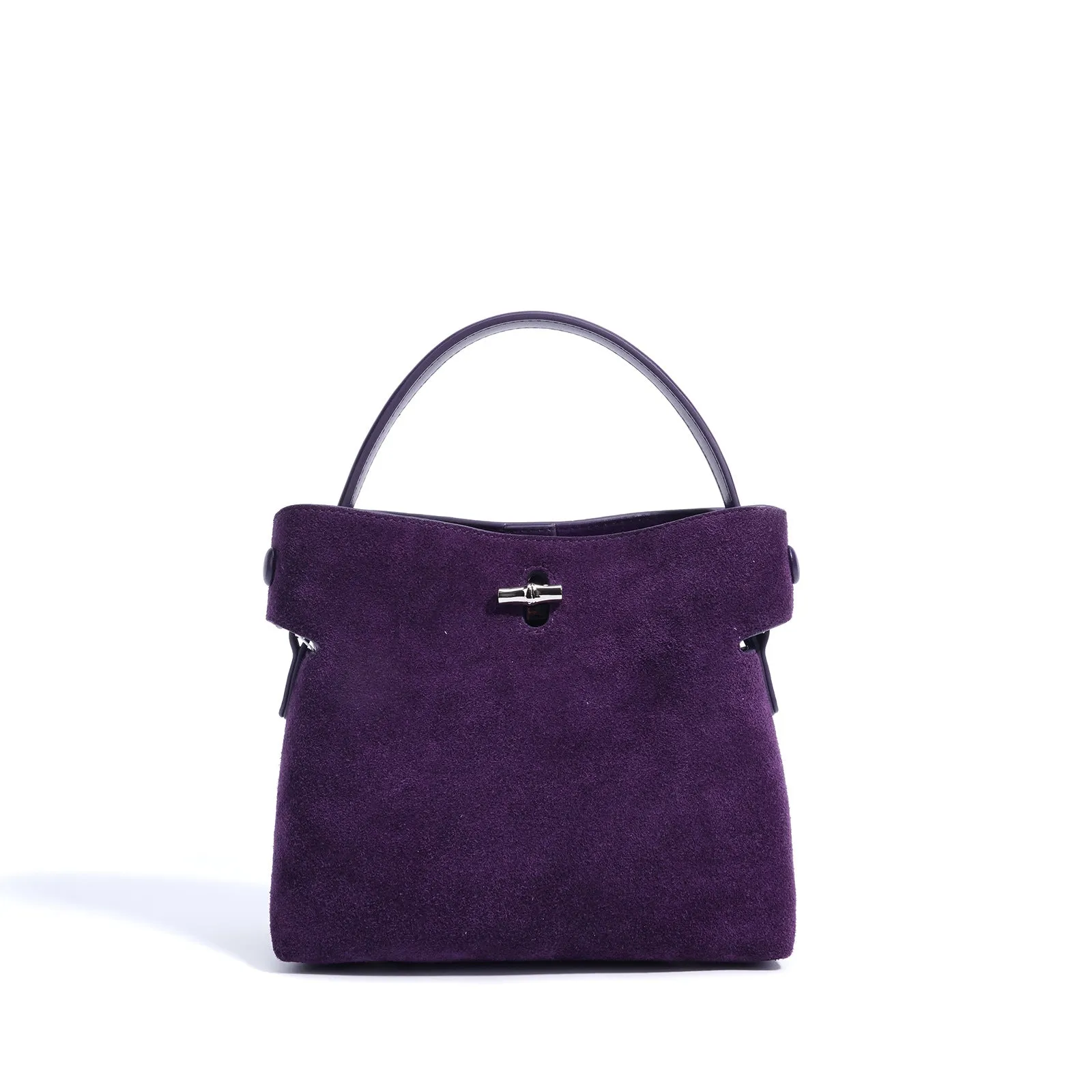 Women's mini Korean-style simple messenger bag in two-layer matte cowhide, bucket shape with lock opening, internal compartments