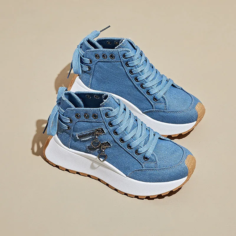 Women's Korean dad style canvas platform trainers in khaki with front lace-up and rubber sole