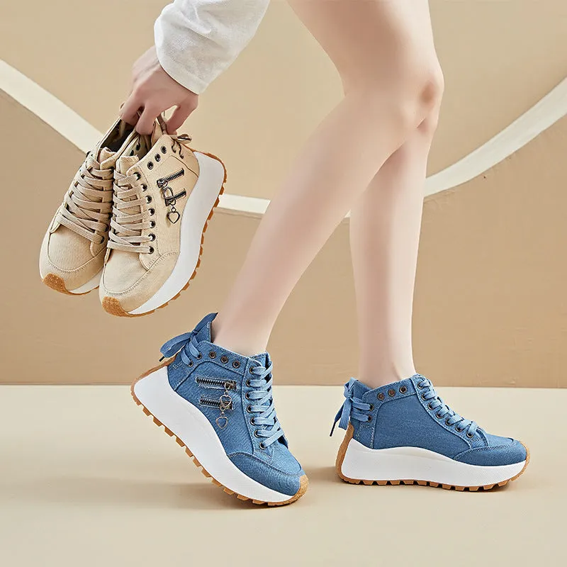 Women's Korean dad style canvas platform trainers in khaki with front lace-up and rubber sole