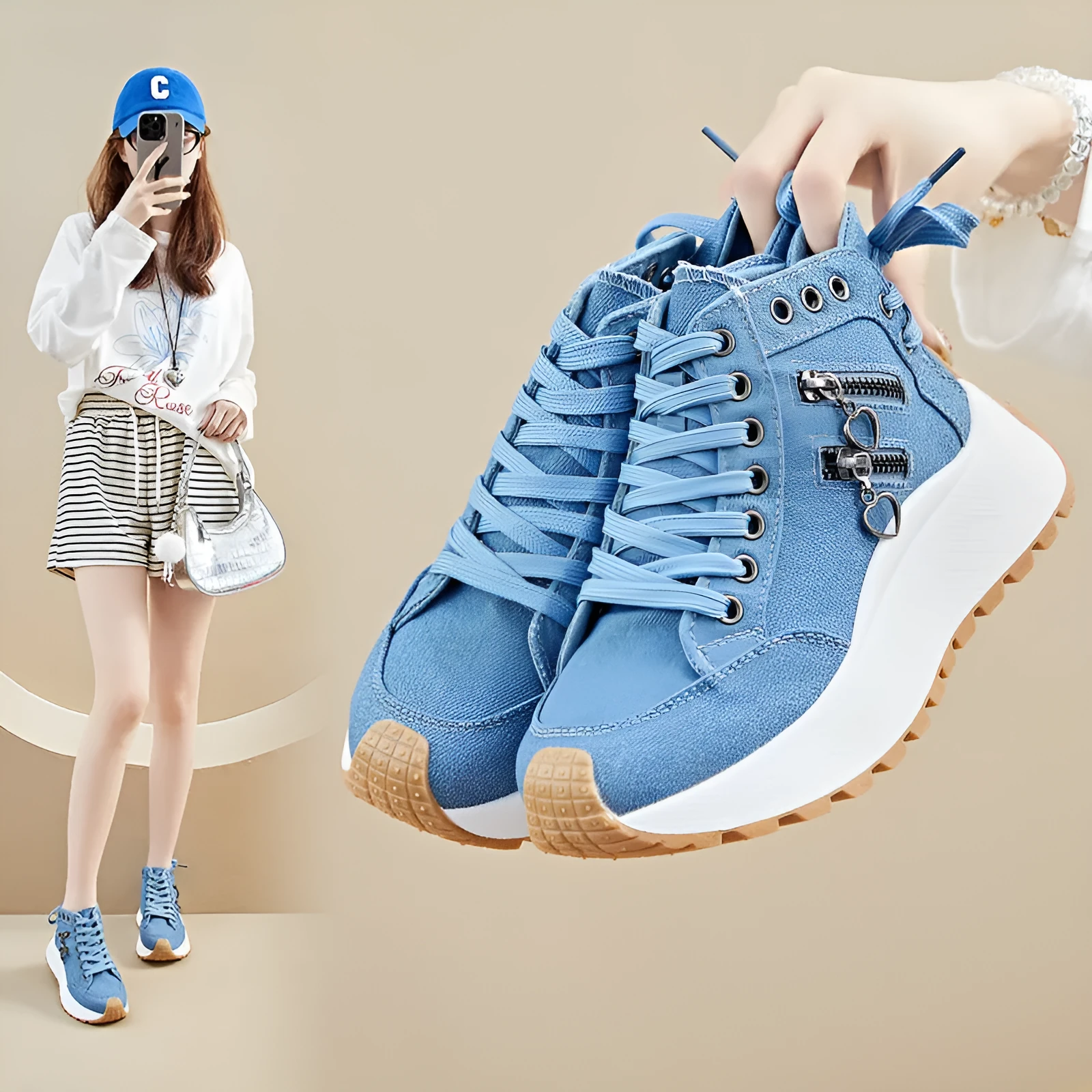 Women's Korean dad style canvas platform trainers in khaki with front lace-up and rubber sole