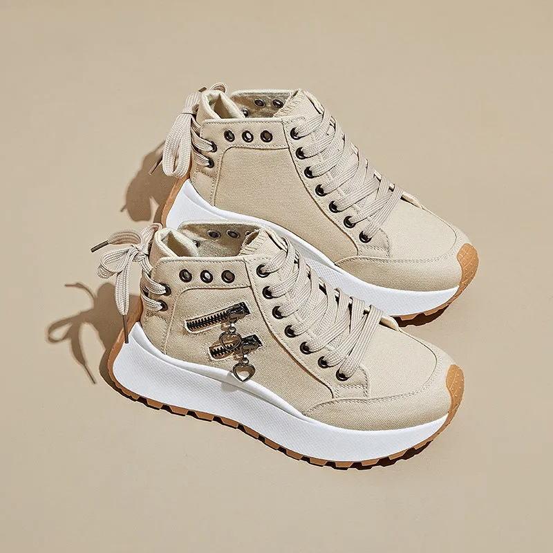 Women's Korean dad style canvas platform trainers in khaki with front lace-up and rubber sole