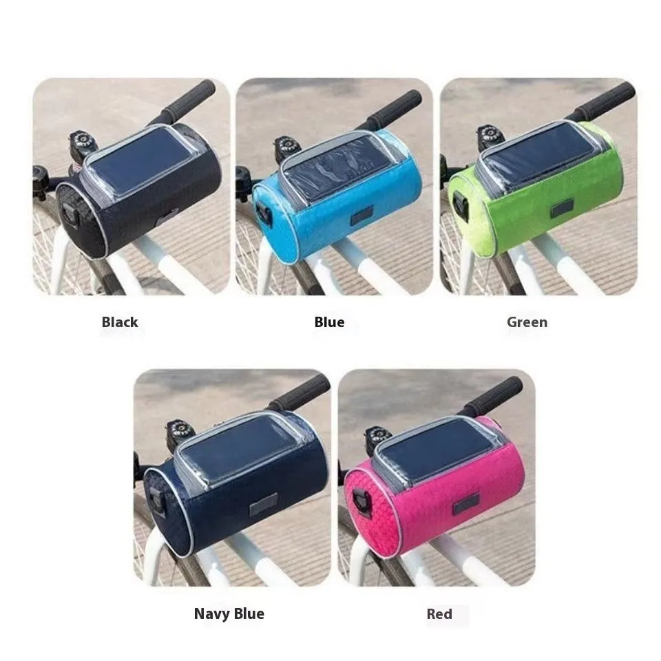 Mountain bike touch screen navigation front bag in black Oxford cloth with handlebar mounts and 5 inch device capacity