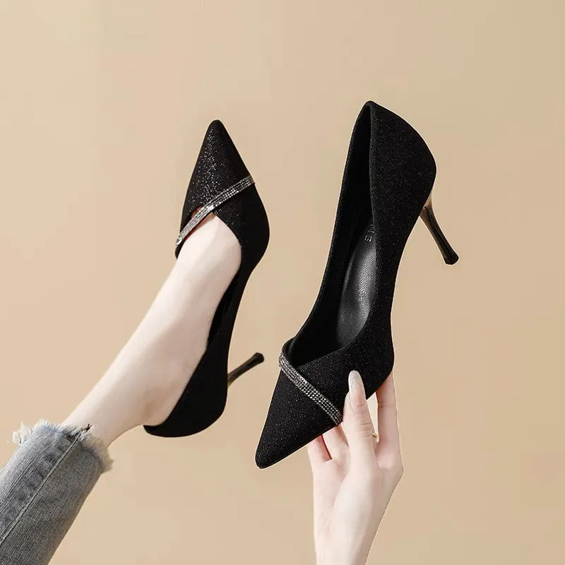 Women's gold and black pointed toe stiletto heels with 6cm and 9cm heel height options