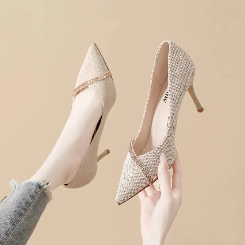 Women's gold and black pointed toe stiletto heels with 6cm and 9cm heel height options