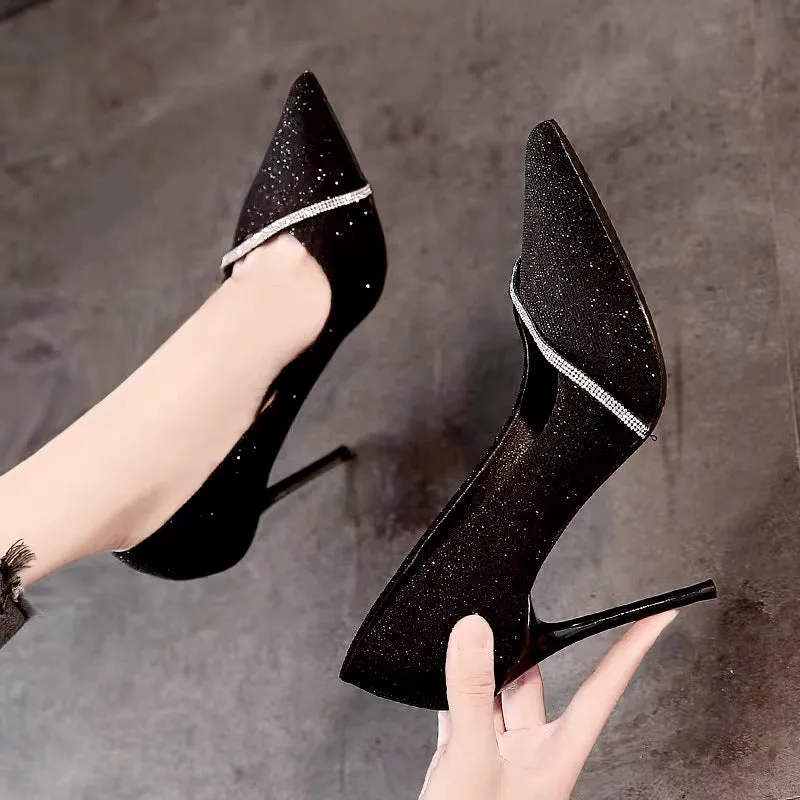 Women's gold and black pointed toe stiletto heels with 6cm and 9cm heel height options