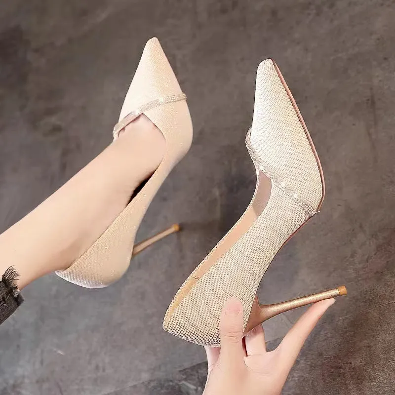 Women's gold and black pointed toe stiletto heels with 6cm and 9cm heel height options
