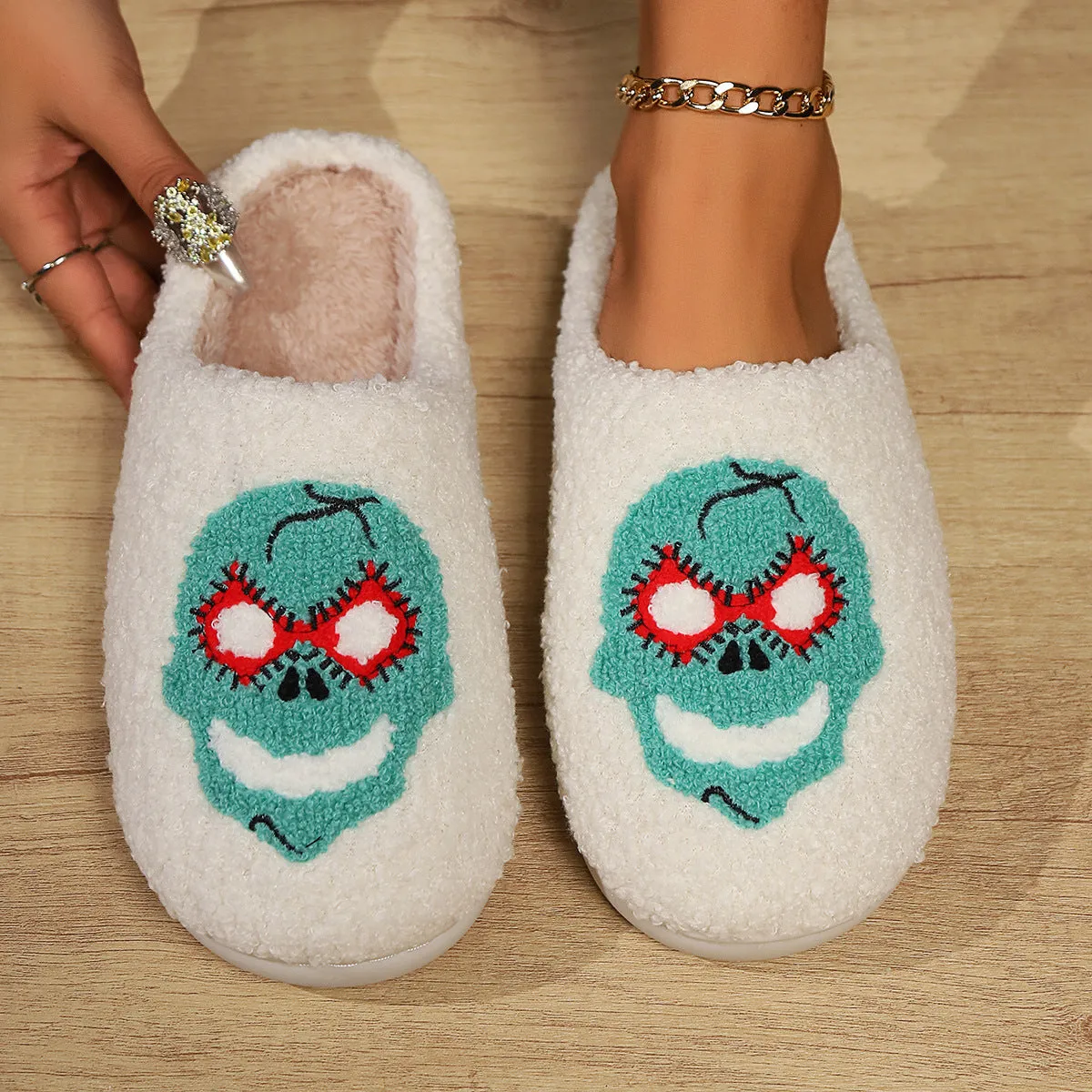 Women's indoor plush thermal cotton slippers with linen upper, non-slip sole, colour Mask Black, on a light indoor floor