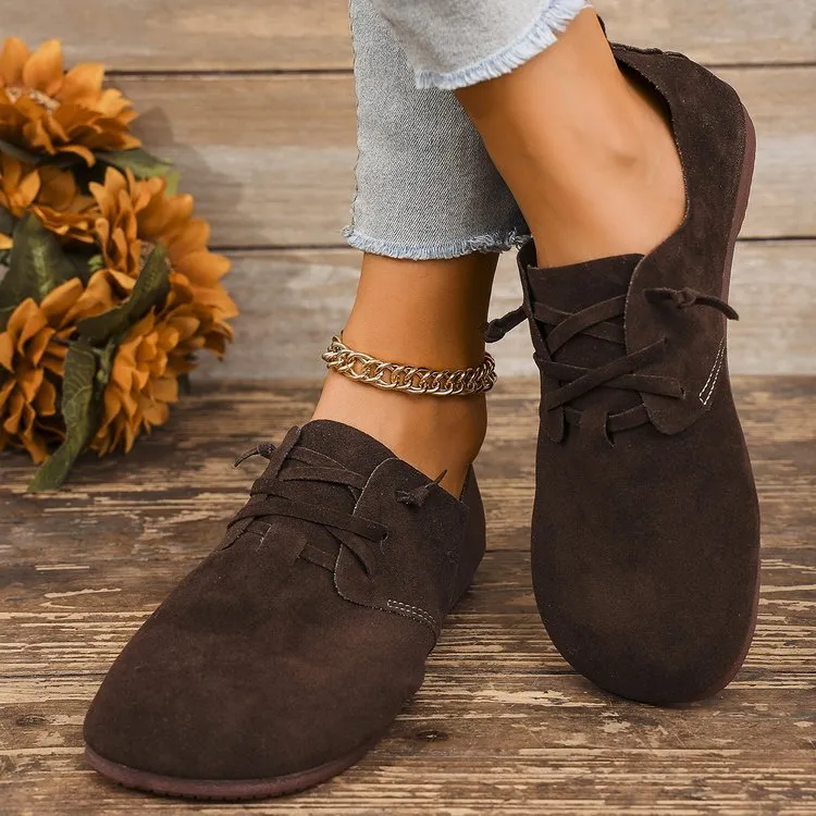 Women's retro flannel casual pumps in brown with corduroy upper, flat heel, and front lace-up