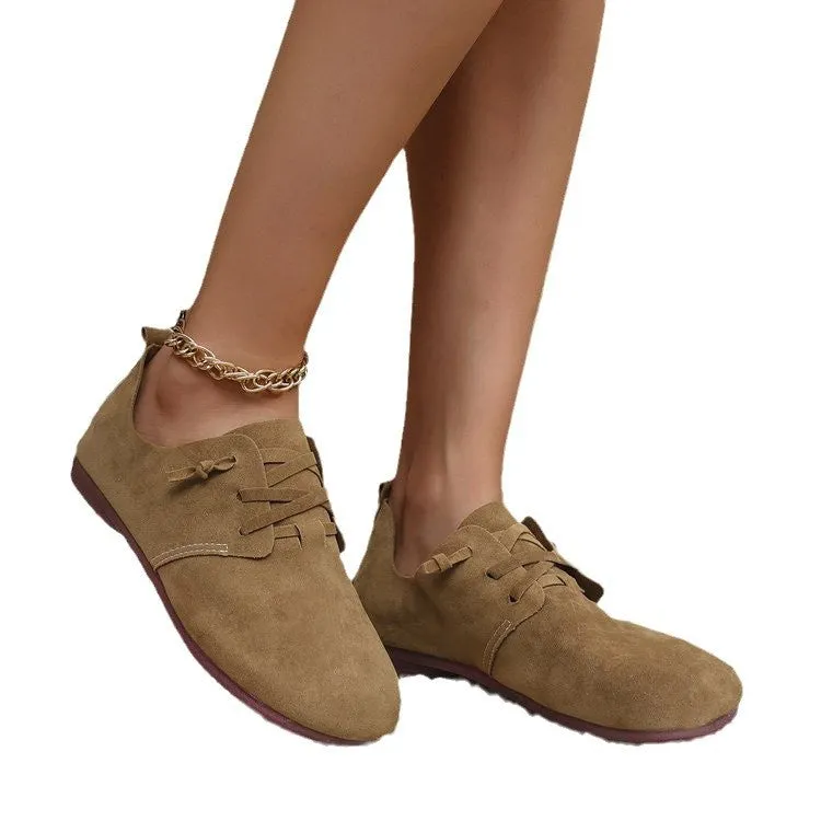 Women's retro flannel casual pumps in brown with corduroy upper, flat heel, and front lace-up
