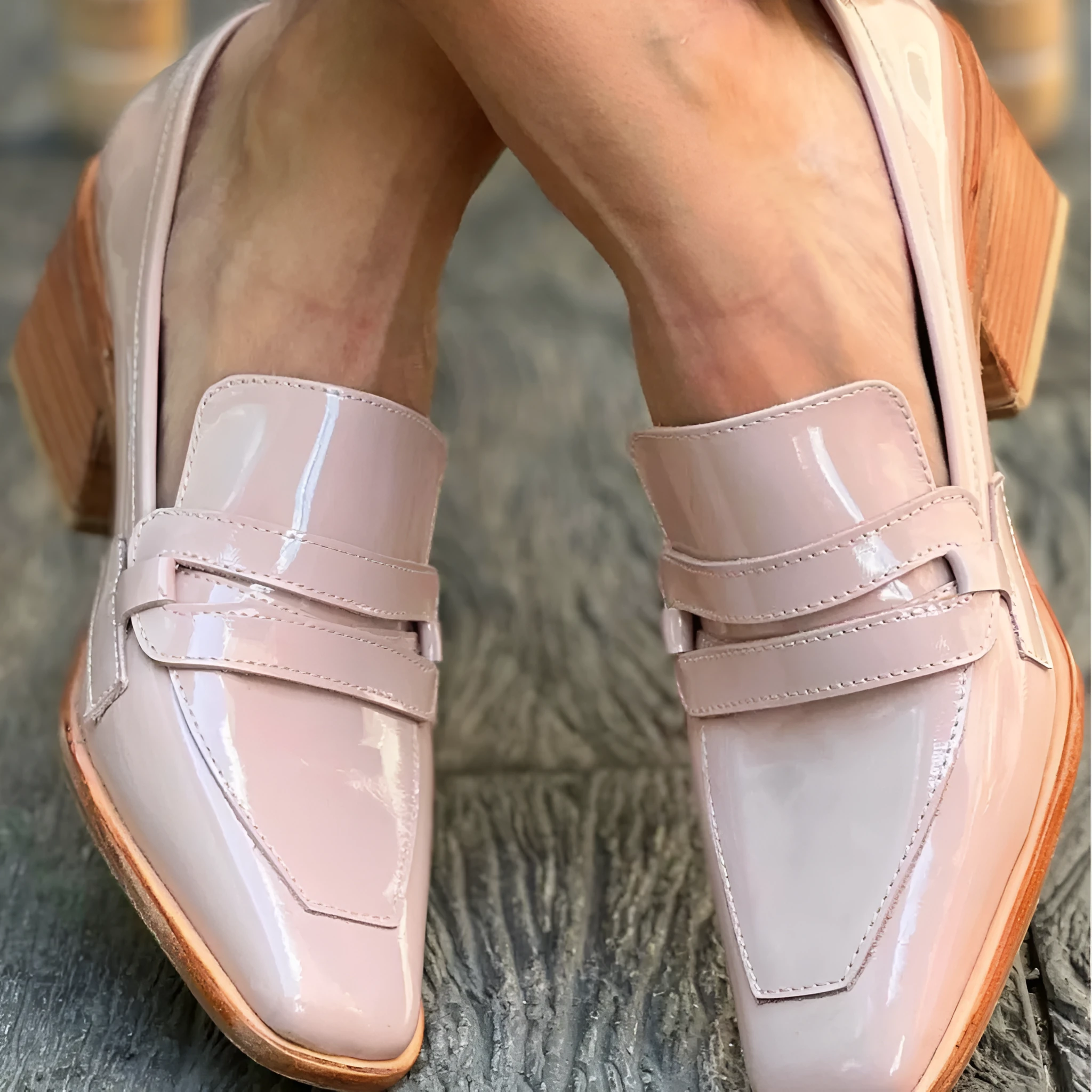 Women's slip-on square toe stiletto heels in light pink with imitation leather lining