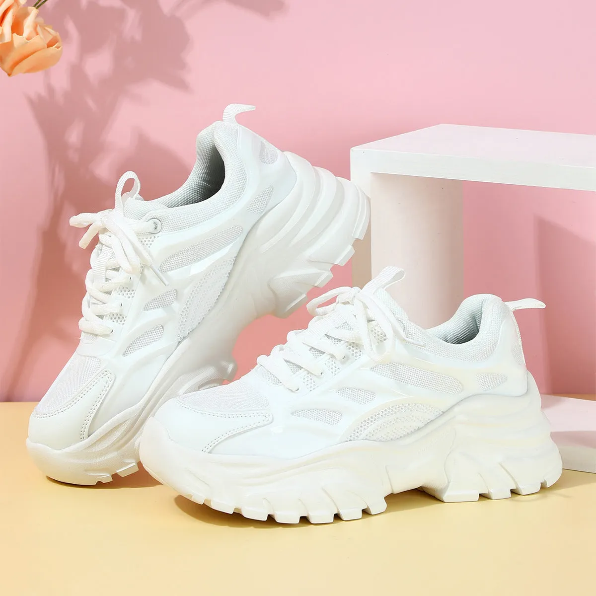 Thick bottom height increasing breathable leisure sneaker in 9229 white with PU mesh upper and MD sole