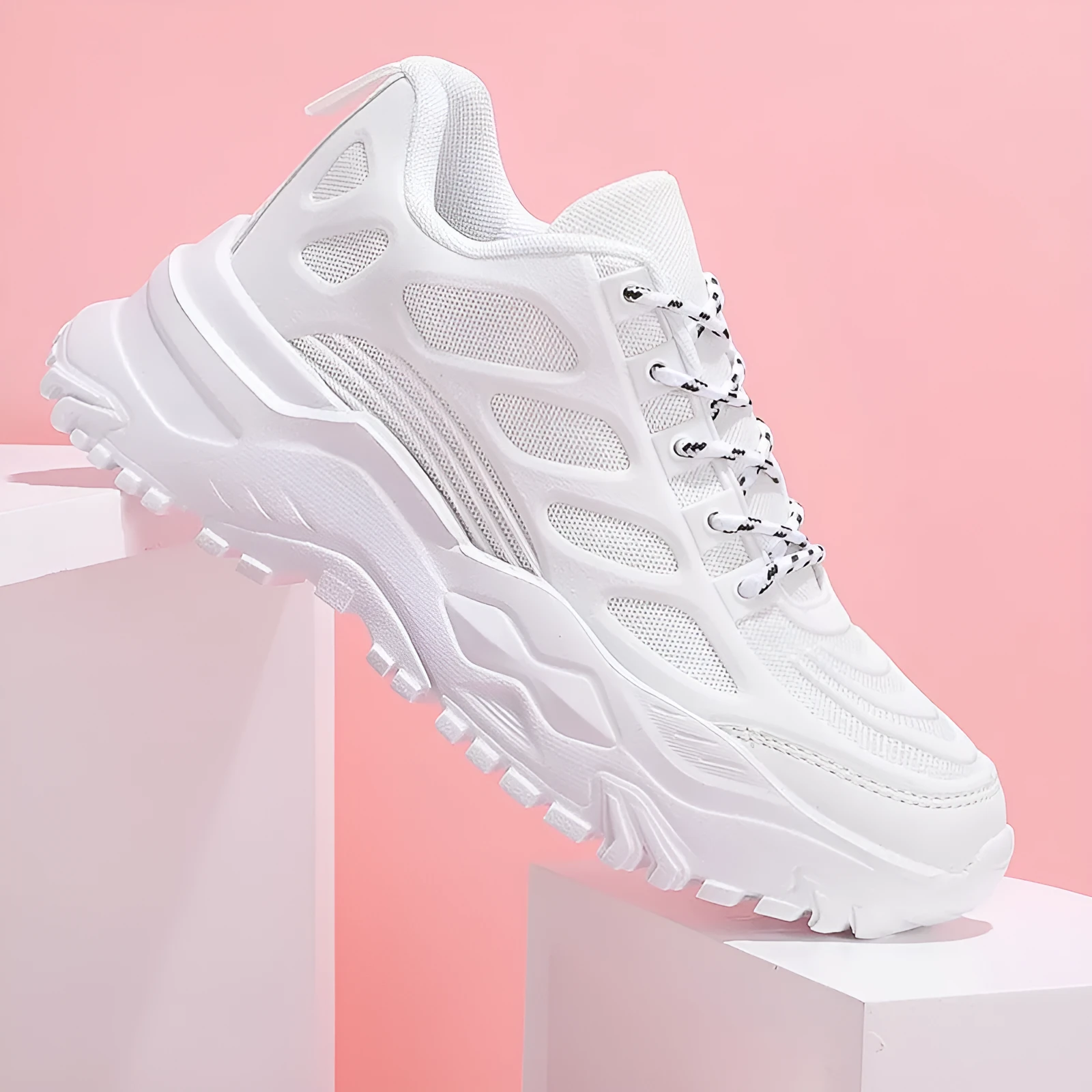 Thick bottom height increasing breathable leisure sneaker in 9229 white with PU mesh upper and MD sole