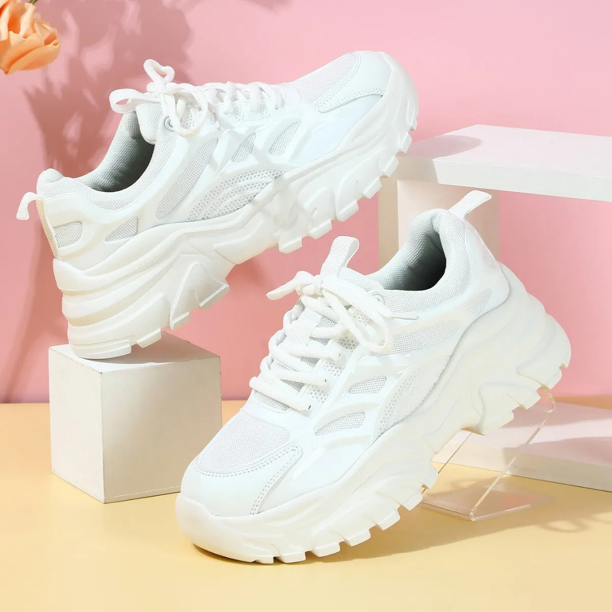 Thick bottom height increasing breathable leisure sneaker in 9229 white with PU mesh upper and MD sole
