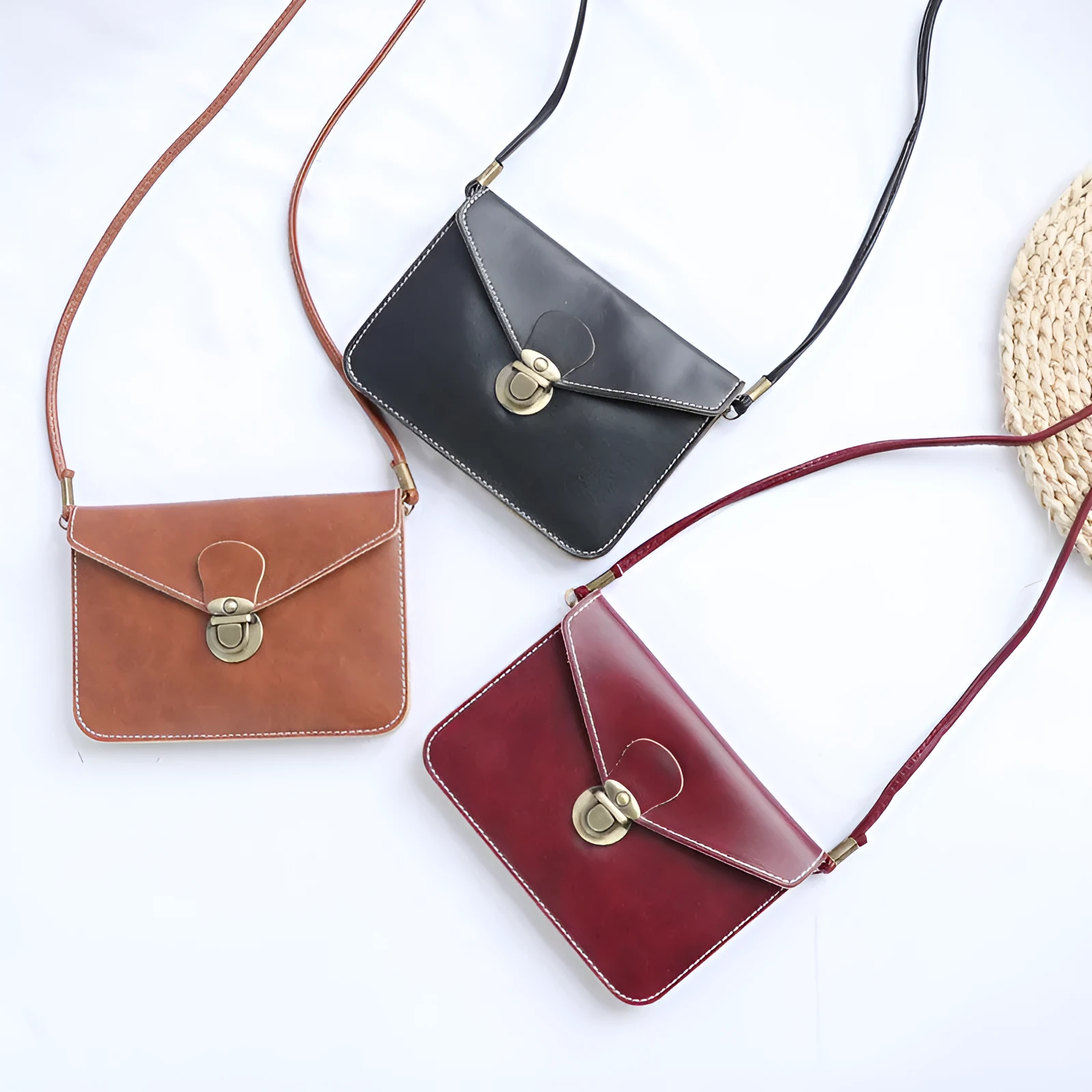 Retro shoulder messenger bag in wine red with flap closure and crossbody strap