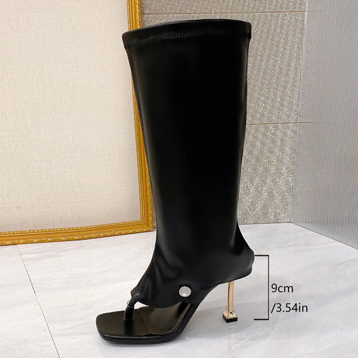 High-heel square-toe sandal boots with thin straps and toe-loop in black PU leather