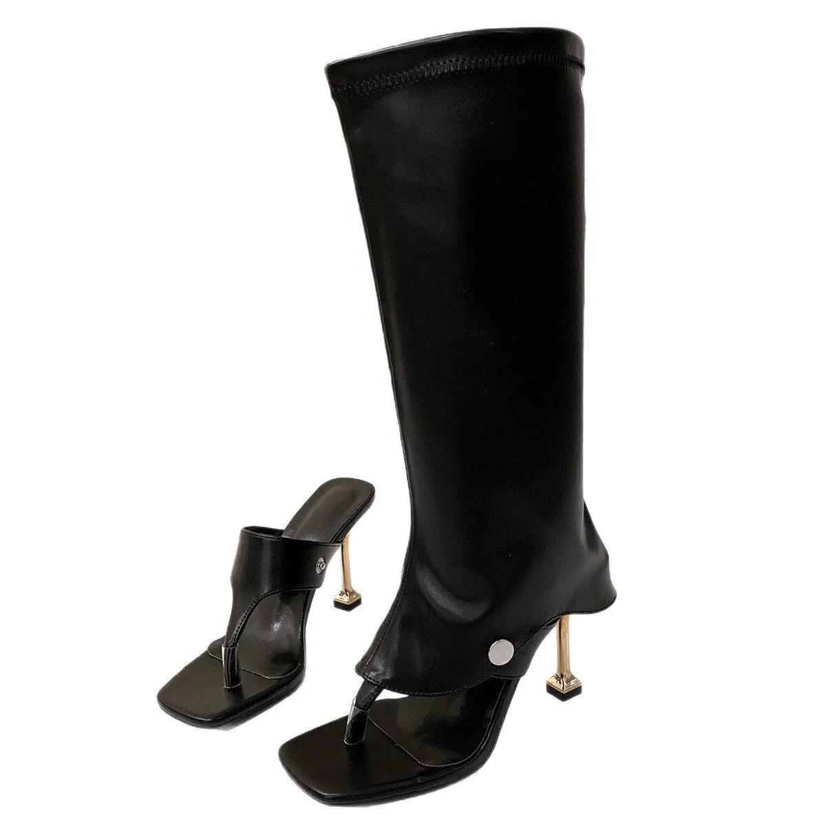 High-heel square-toe sandal boots with thin straps and toe-loop in black PU leather