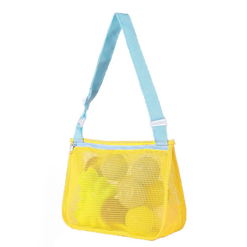 Blue nylon mesh travel storage bag with drawstring closure showing dimensions of 20cm by 25cm by 8cm