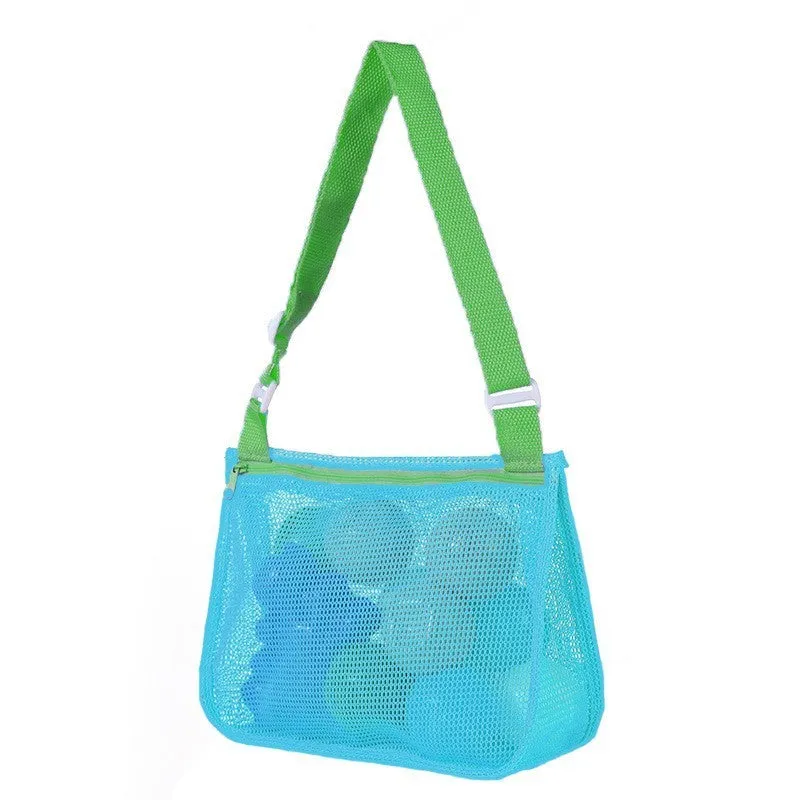 Blue nylon mesh travel storage bag with drawstring closure showing dimensions of 20cm by 25cm by 8cm