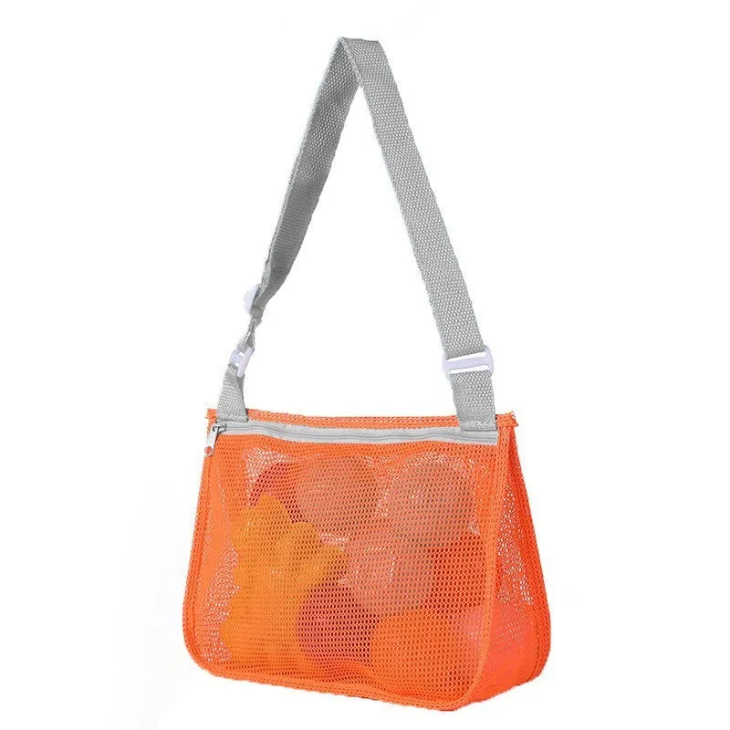 Blue nylon mesh travel storage bag with drawstring closure showing dimensions of 20cm by 25cm by 8cm