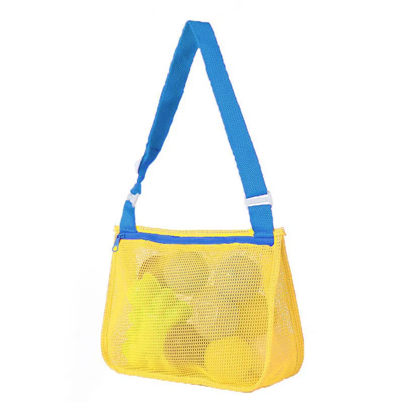 Blue nylon mesh travel storage bag with drawstring closure showing dimensions of 20cm by 25cm by 8cm