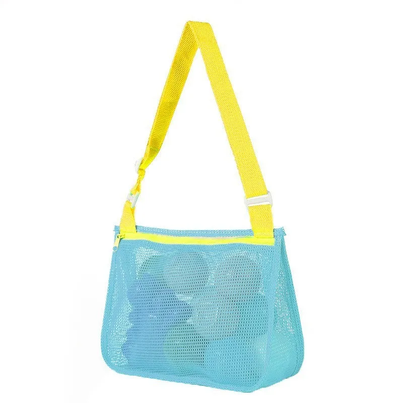 Blue nylon mesh travel storage bag with drawstring closure showing dimensions of 20cm by 25cm by 8cm