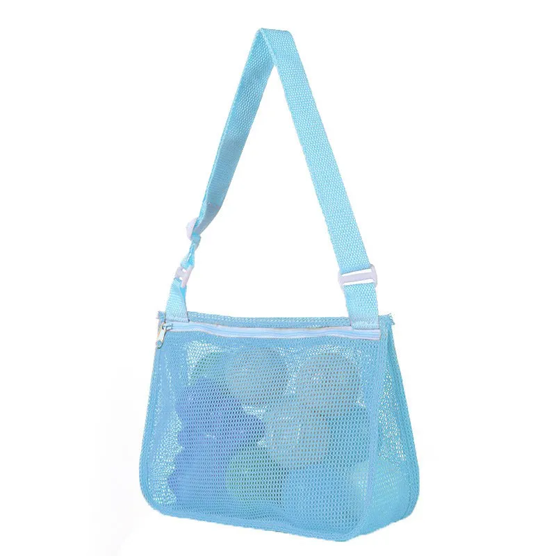 Blue nylon mesh travel storage bag with drawstring closure showing dimensions of 20cm by 25cm by 8cm