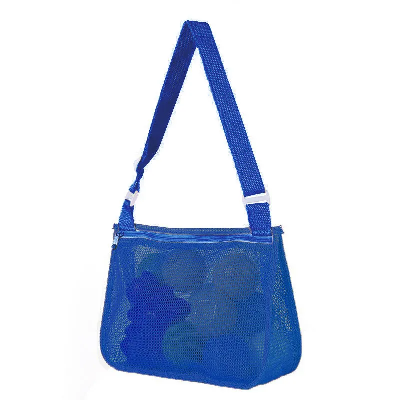 Blue nylon mesh travel storage bag with drawstring closure showing dimensions of 20cm by 25cm by 8cm