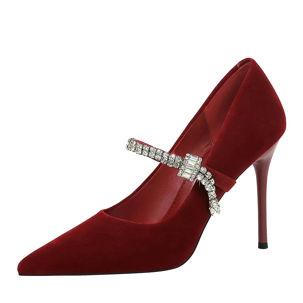 Pointed toe suede stiletto heels with rhinestone strap in black, shallow vamp design
