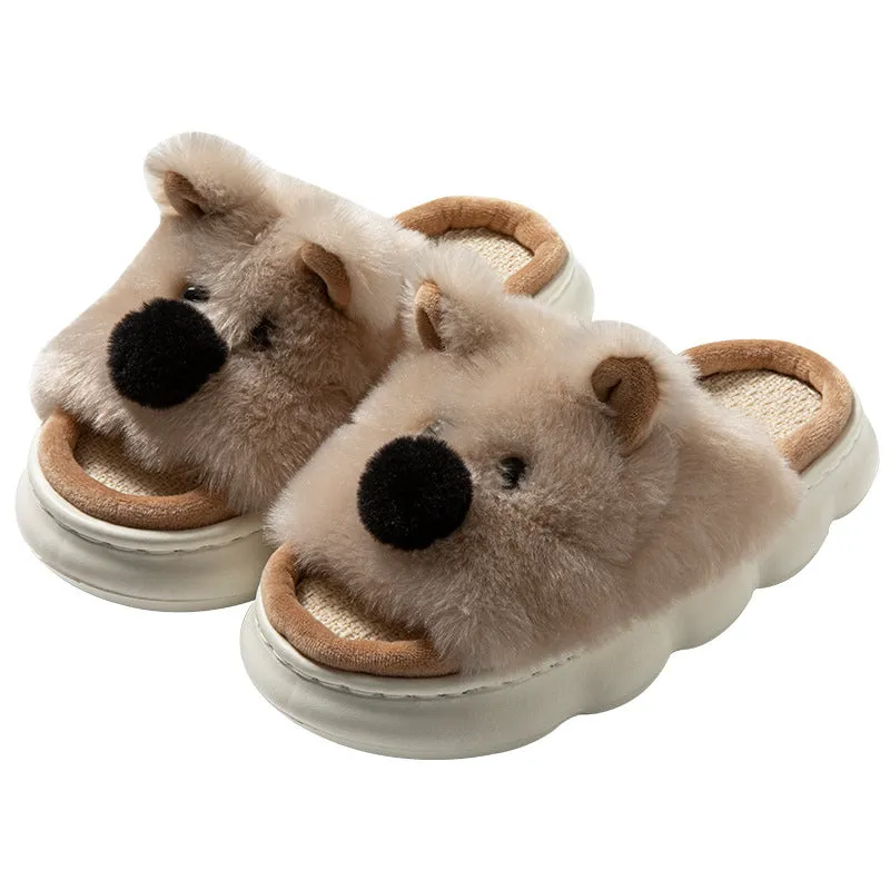 Women's indoor slippers in pink with thick EVA sole, linen fabric upper, and cartoon animal print