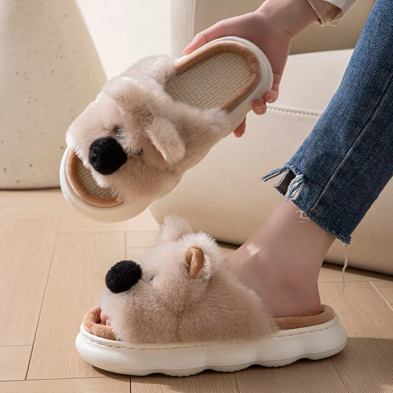 Women's indoor slippers in pink with thick EVA sole, linen fabric upper, and cartoon animal print