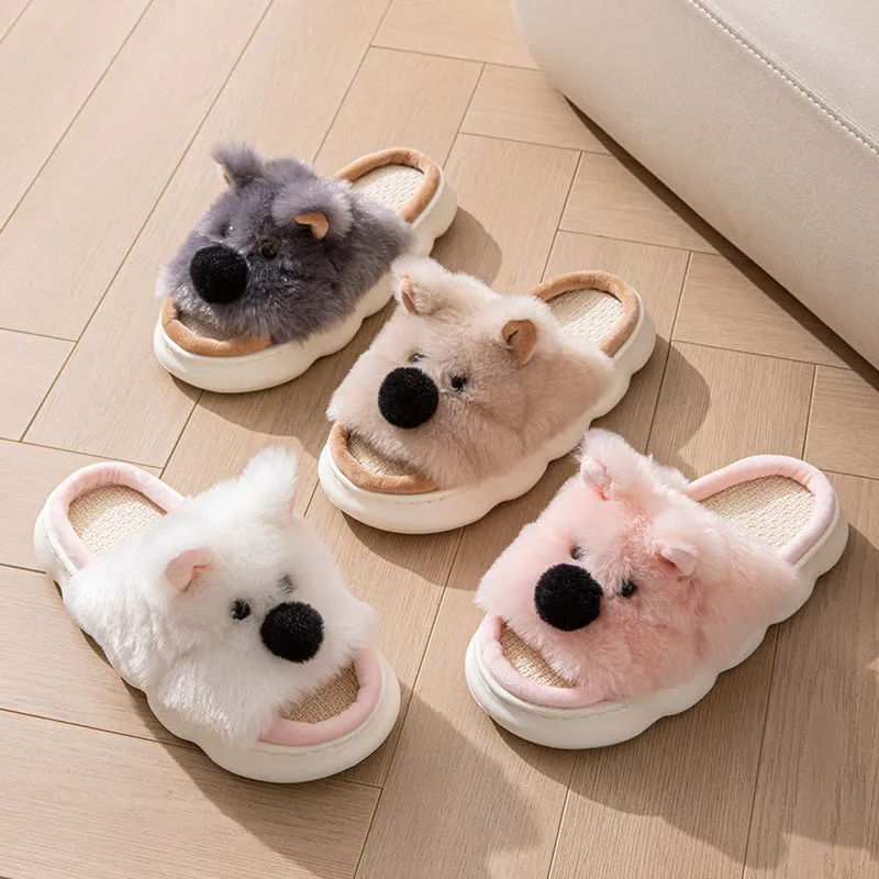 Women's indoor slippers in pink with thick EVA sole, linen fabric upper, and cartoon animal print