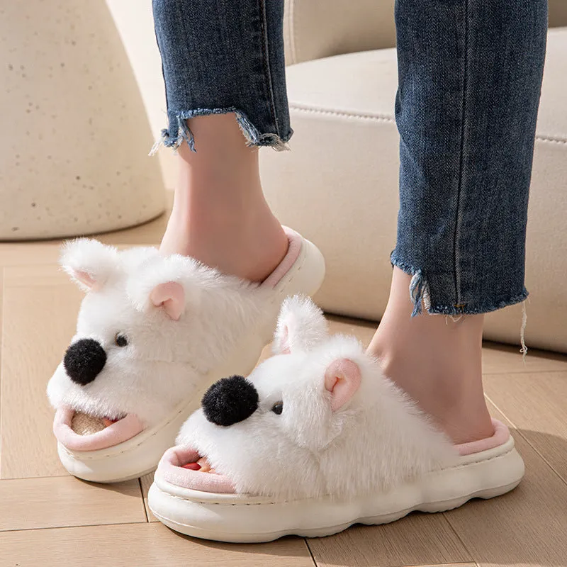 Women's indoor slippers in pink with thick EVA sole, linen fabric upper, and cartoon animal print