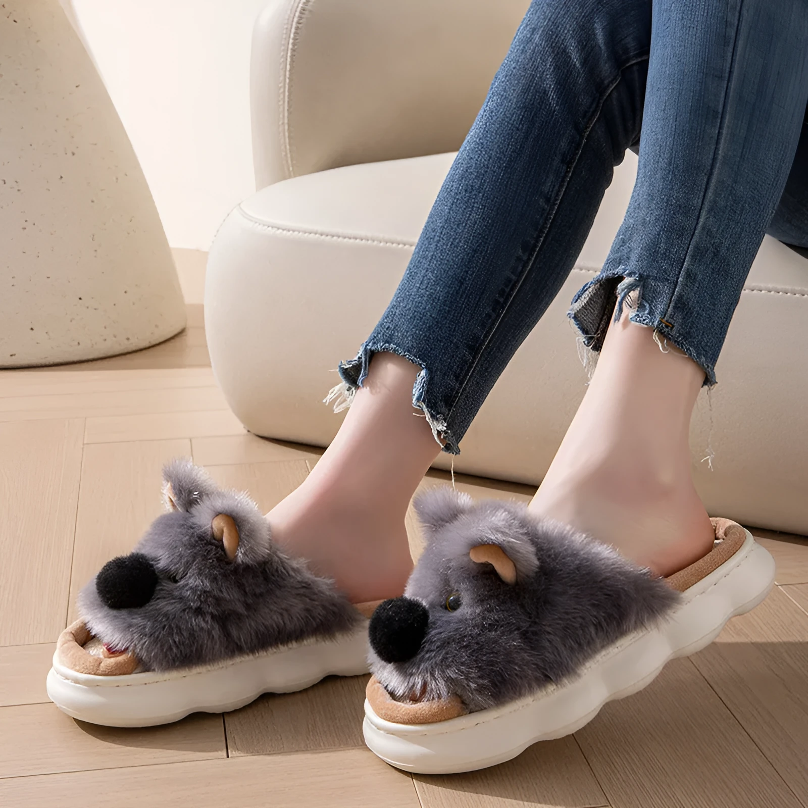 Women's indoor slippers in pink with thick EVA sole, linen fabric upper, and cartoon animal print