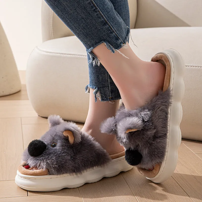 Women's indoor slippers in pink with thick EVA sole, linen fabric upper, and cartoon animal print