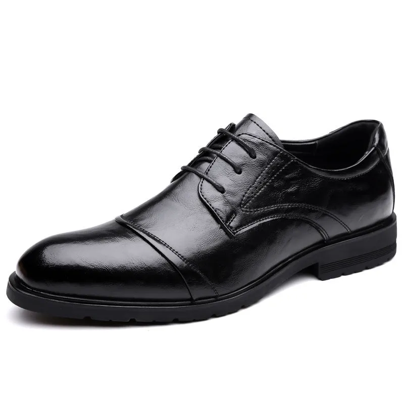 Men's business formal leather shoes with cow split leather upper, pointed toe, black colour, low shoe height on a white background