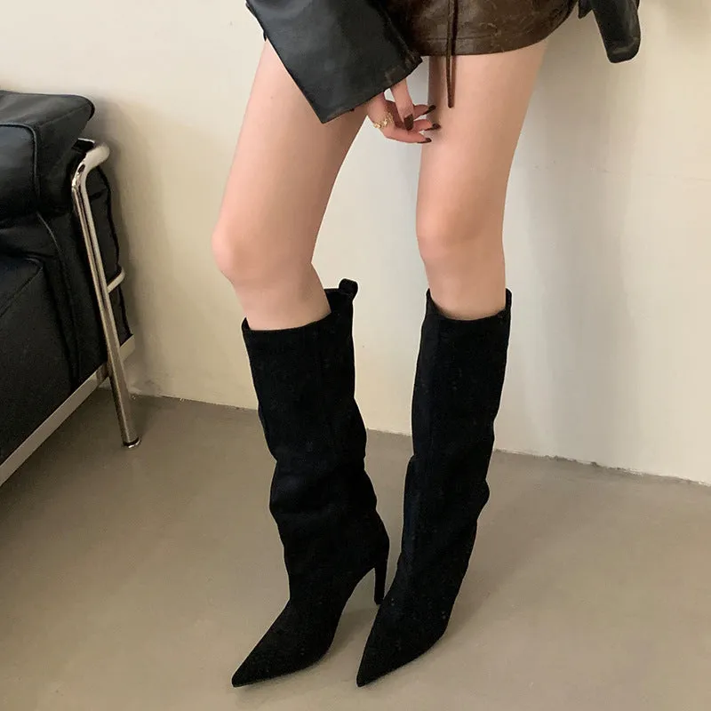 Women's European style pointed high boots in apricot satin with stiletto heel and high shaft