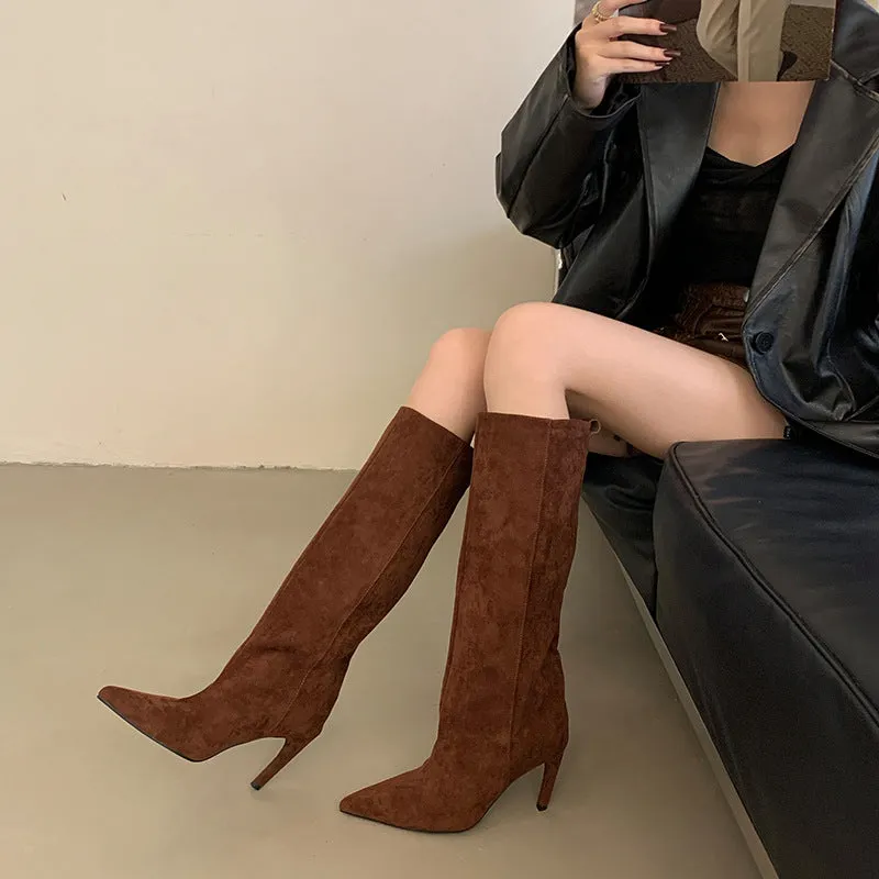 Women's European style pointed high boots in apricot satin with stiletto heel and high shaft