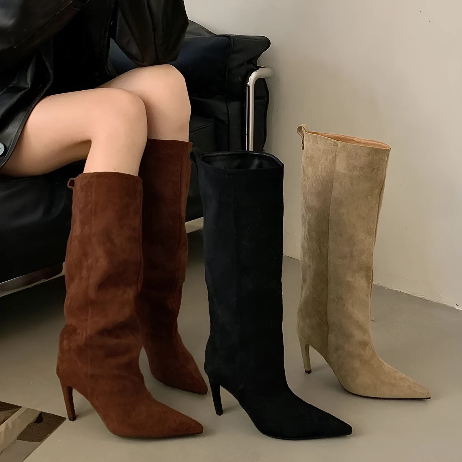 Women's European style pointed high boots in apricot satin with stiletto heel and high shaft