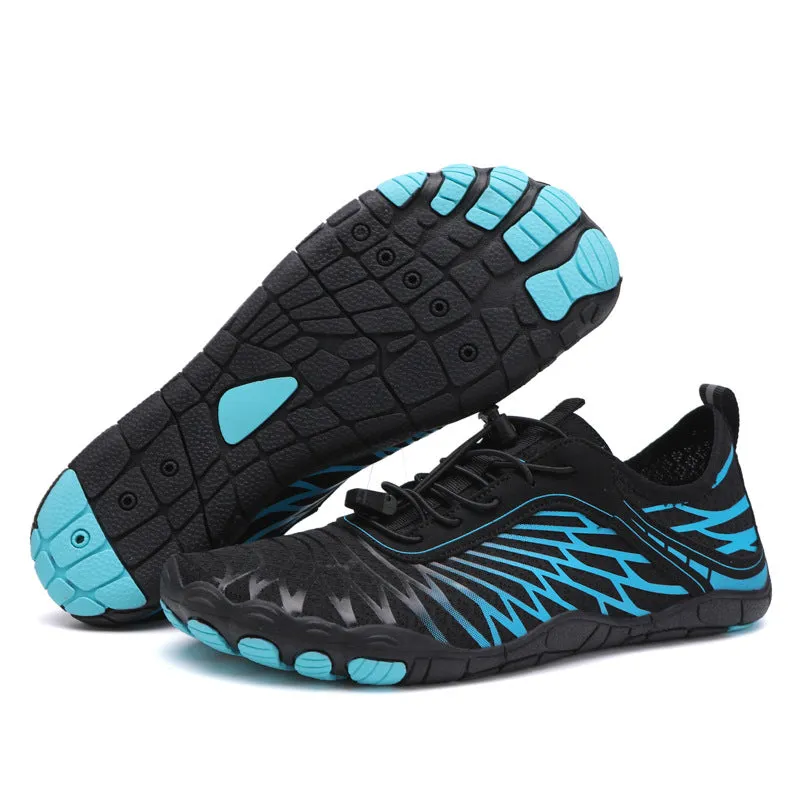 Unisex water shoes with non-slip rubber sole and Velcro closure in black and blue colour option