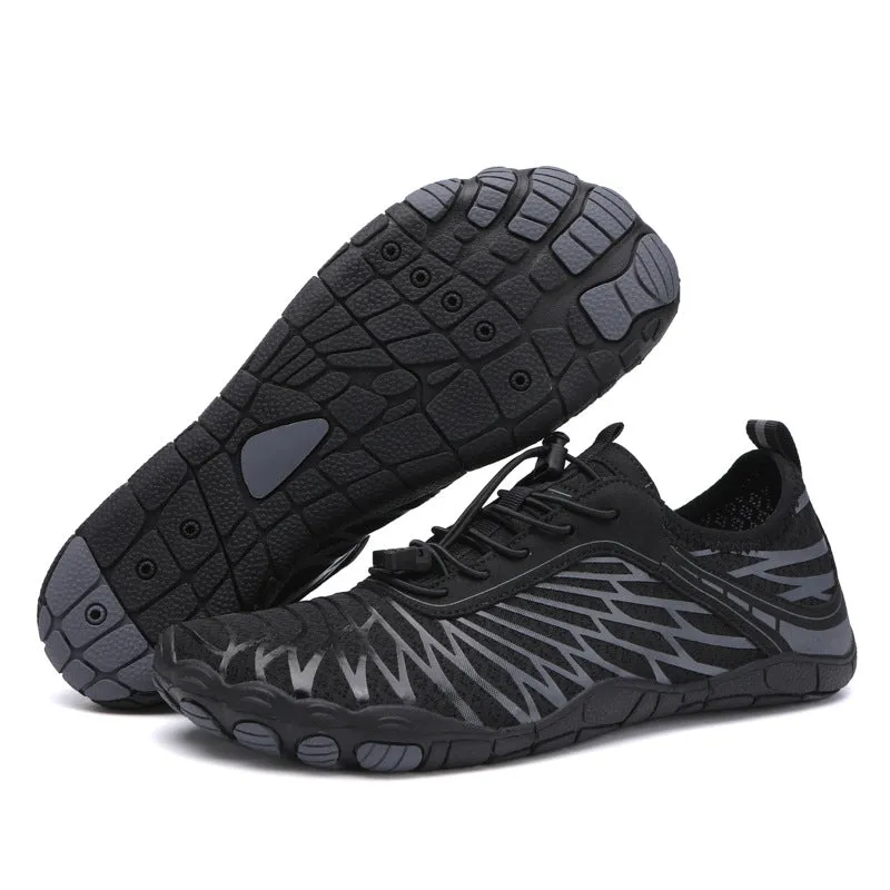 Unisex water shoes with non-slip rubber sole and Velcro closure in black and blue colour option
