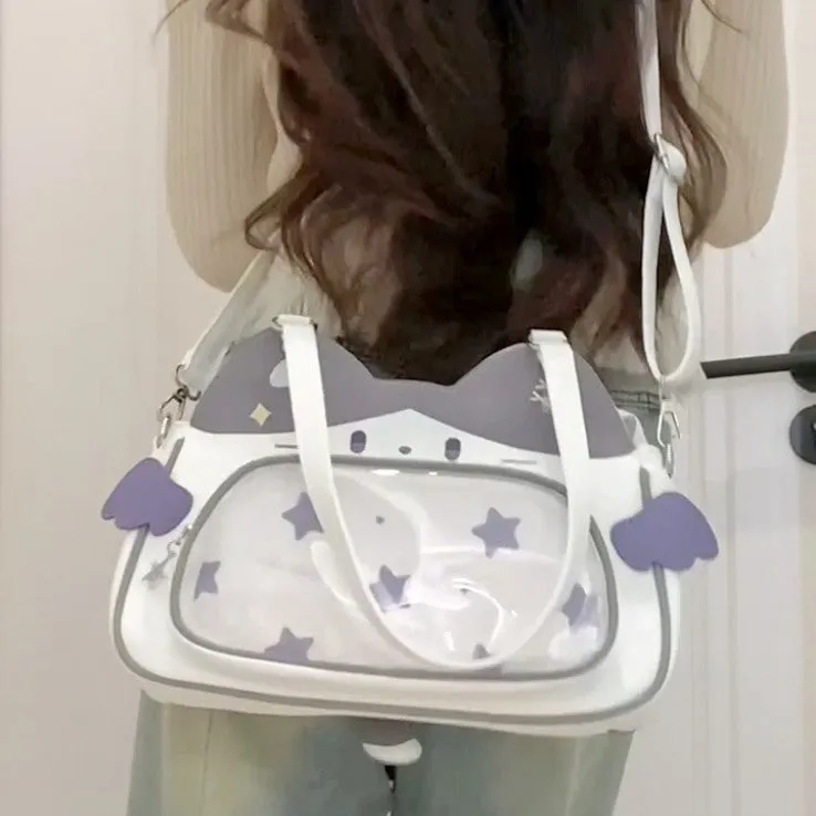 Horizontal cartoon owl pin PU crossbody bag in black, side view showing stitching and single strap