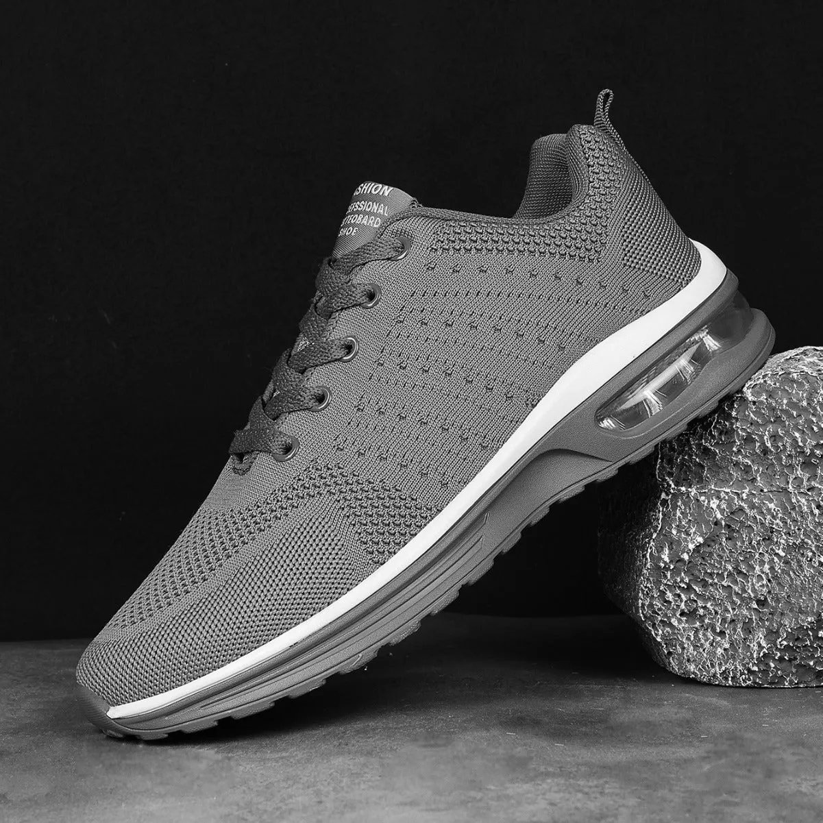Casual Flyknit running shoes in multiple colours showing mesh upper and PU sole.