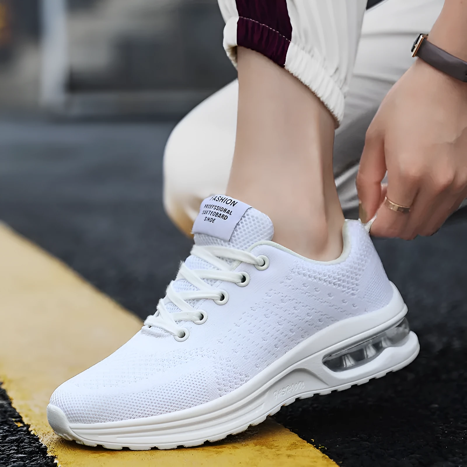 Casual Flyknit running shoes in multiple colours showing mesh upper and PU sole.