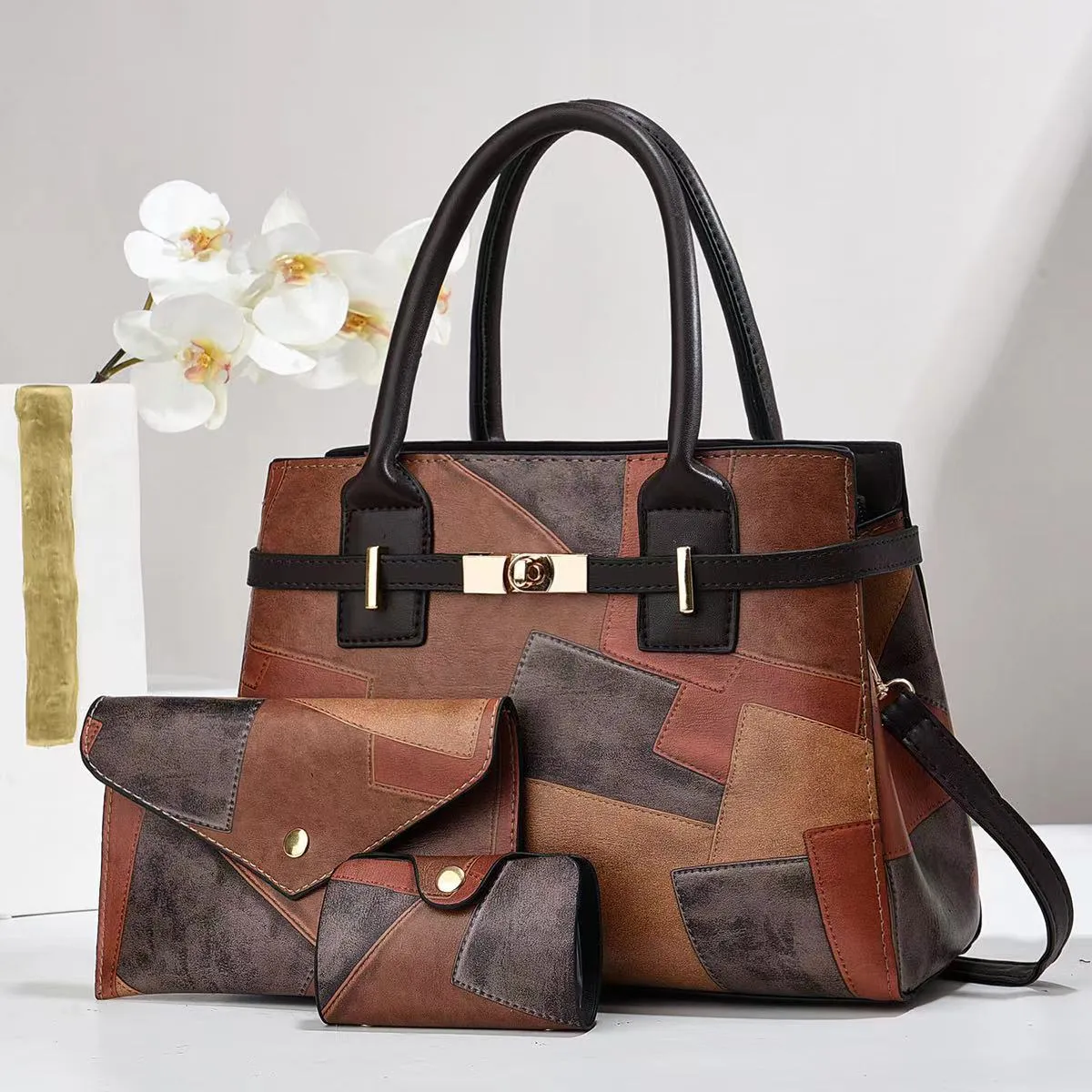 Women's large capacity PU crossbody shoulder bag horizontal shape with stitching and patchwork in Style 1 colour