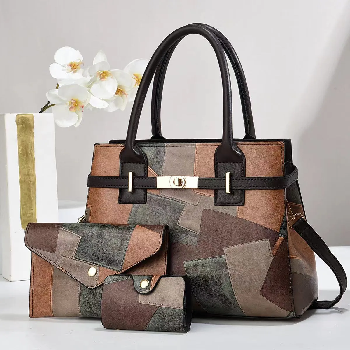 Women's large capacity PU crossbody shoulder bag horizontal shape with stitching and patchwork in Style 1 colour